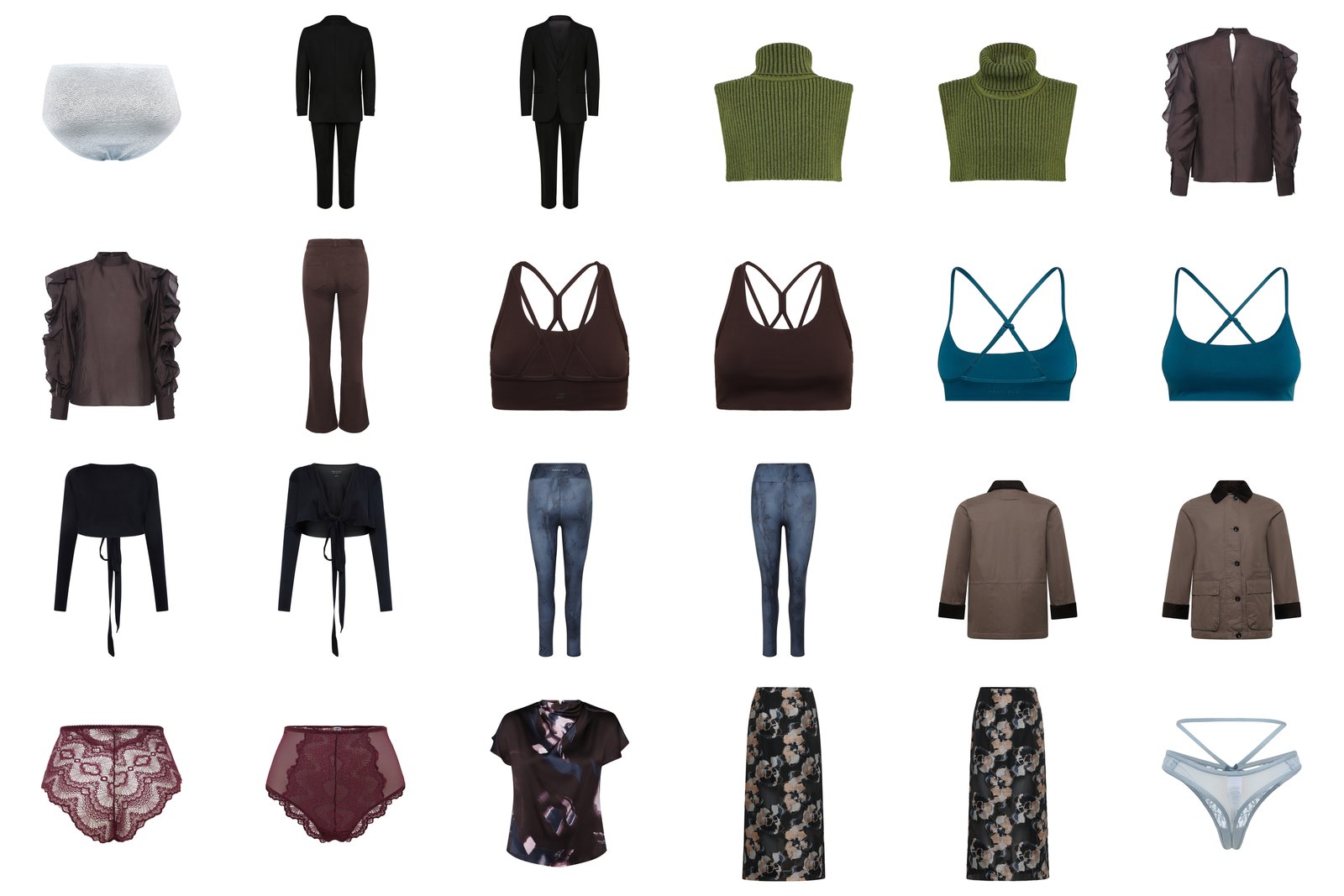 Twenty-four finished garments on pure white — tailoring, ribbed knitwear, sheer blouses, denim, moulded activewear, waxed cotton outerwear and lace — all cut out at the same frame size and the same background